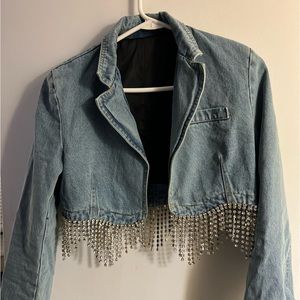 (Never worn) Denim Rhinestone Trim Crop Jacket